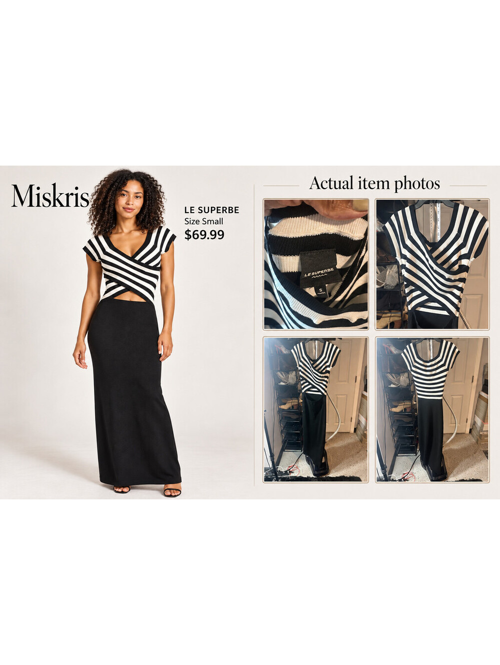 Le Superbe Dress Womens Small Black Ivory Striped Knit Cutout Maxi Cap Sleeve